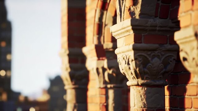 Decorative brick columns illuminated by sunlight, blurred cityscape background for architectural design use