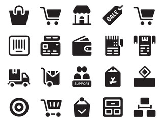 Diverse collection of black glyph style icons representing online shopping and business essentials