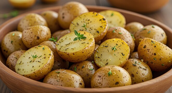 Close-up of roasted baby potatoes with herbs in a wooden bowl, on a wooden surface - Powered by Adobe
