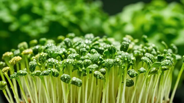 Macro Close Up of Fresh Green Sprouts with Selective Focus on Green Background