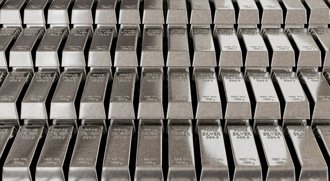 Concept of wealth and investment featuring stacked silver bars in rows. The image highlights silver abundance and value, perfect for silver trading, finance, and investment business use.