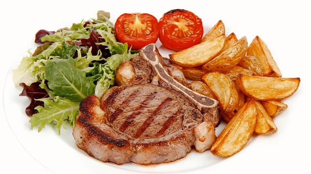 Grilled T Bone Steak with Golden Potato Wedges and Fresh Green Salad on White Plate