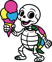 Cartoon turtle holding a colorful ice cream cone skeleton turtle