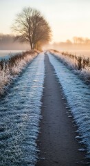 Path through a frosty landscape with a tree in the distance during sunrise