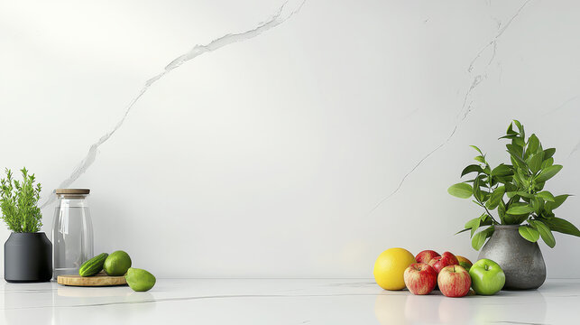 Soft background image of modern kitchen countertop featuring fresh fruits, herbs, and minimalist design - Powered by Adobe