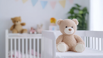 Soft neutral nursery features plush teddy bear in focus, creating warm and inviting atmosphere