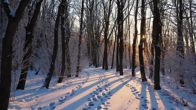 Sunlit snow path through forest with footprint near tree and long shadow at sunrise, frost coating branch and deep winter snow surrounding trunks, winding path illuminated by low sun casting warm glow