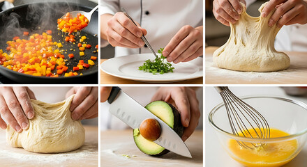 Overhead shot of hands cutting red bell pepper on wooden board surrounded by spices, herbs, garlic, and tomatoes, creating a vibrant and colorful culinary scene
