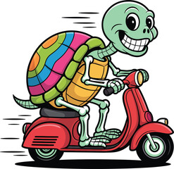 Cartoon turtle riding red scooter with colorful shell