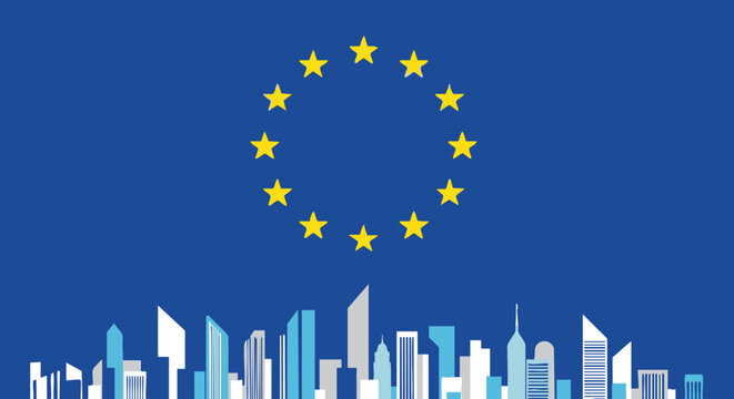 European Union flag with cityscape representing unity and progress. - Powered by Adobe