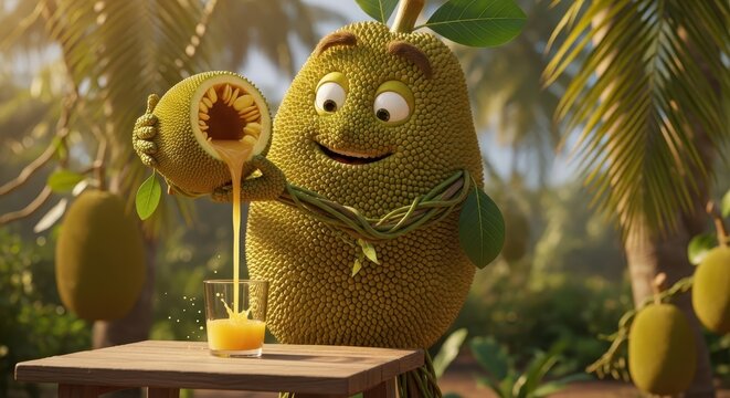 Animated Jackfruit Character Pouring Juice. Ai generation