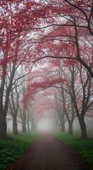 Path through trees with red leaves and fog creating a serene natural landscape