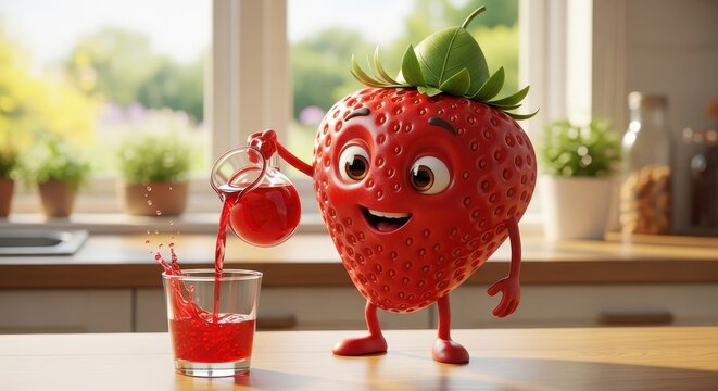 Cheerful Strawberry Character Pouring Juice. Ai generation