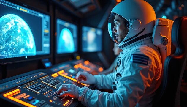 Astronauts practice spaceflight simulation inside futuristic control room. Man in spacesuit operates tech. Screens display planets and data. Space exploration training in simulator environment.