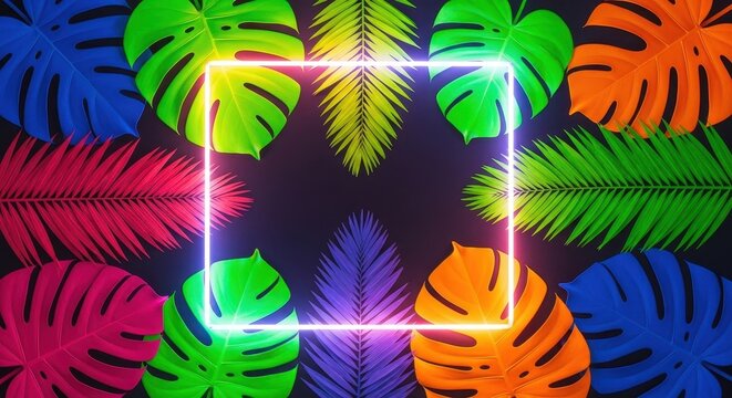 Colorful Neon Tropical Leaves with Frame. Ai generation