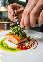 Overhead shot of hands cutting red bell pepper on wooden board surrounded by spices, herbs, garlic, and tomatoes, creating a vibrant and colorful culinary scene
