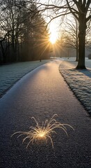 Pathway through park at sunrise with glowing sunlight and frosty landscape