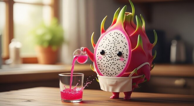 Cute Dragon Fruit Character Pouring Juice. Ai generation