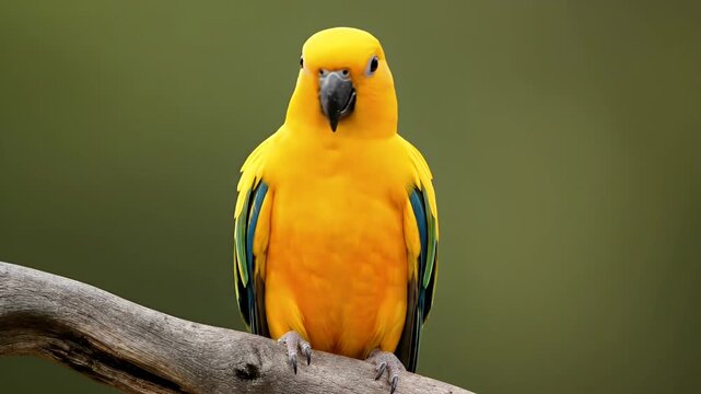 Striking Portrait of a Vibrant Yellow Parrot Perched on Branch with Green Background