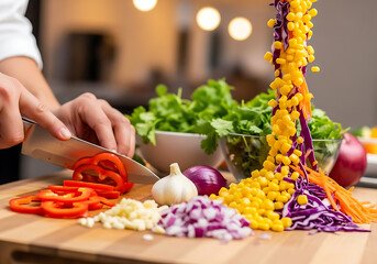 Overhead shot of hands cutting red bell pepper on wooden board surrounded by spices, herbs, garlic, and tomatoes, creating a vibrant and colorful culinary scene
