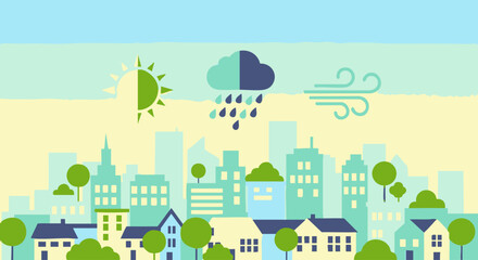Cityscape weather illustration depicting sun, rain, and wind, a weather forecast.