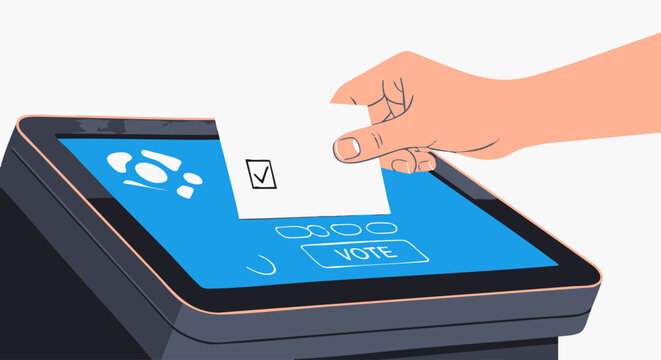Voting process - Hand placing ballot into electronic voting machine for election.