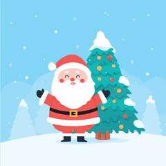 Cute cartoon vector illustration of Santa Claus standing beside a decorated Christmas tree