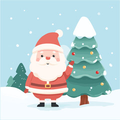 Cute cartoon vector illustration of Santa Claus standing beside a decorated Christmas tree
