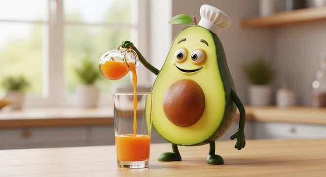 Cartoon Avocado Pouring Juice in Kitchen. Ai generation