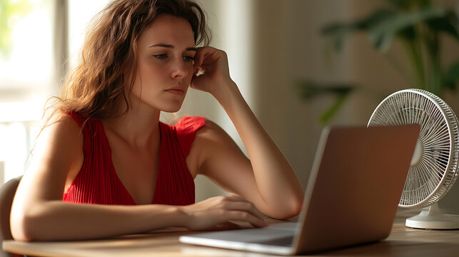 A woman with auburn hair sits at her desk, looking at the laptop screen with a contemplative expression. Natural light illuminates her face, highlighting a moment of quiet focus.