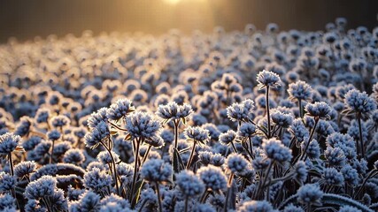 Frosted clover field glows at sunrise with delicate frost on flower head and stem, winter morning light warming cold meadow while sun rays highlight clover and flower texture across expansive field - Powered by Adobe