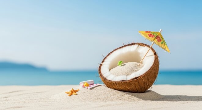 Coconut on Beach with Umbrella and Starfish. Ai generation