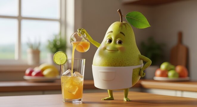 Animated pear character pouring juice in kitchen. Ai generation