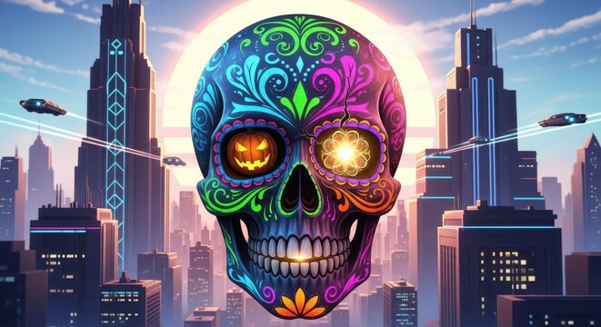 Colorful Sugar Skull in Futuristic Cityscape. Ai generation