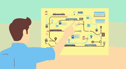 Man pointing at a detailed map of a transportation system.