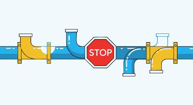 Stop sign blocks the flow of water through pipes, a visual metaphor.