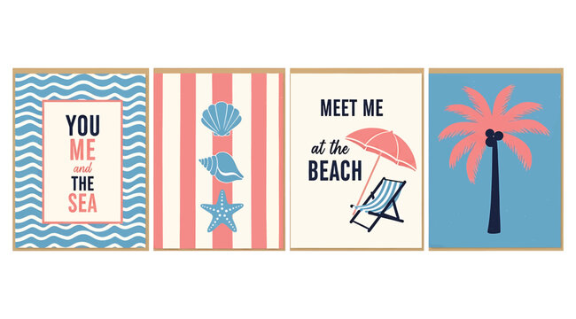 A collection of four charming beachthemed greeting cards, featuring nautical motifs and summer vacation sentiments, perfect for sending warm wishes