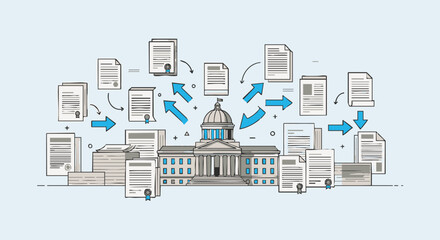 Government building with documents and arrows illustrating process and flow.