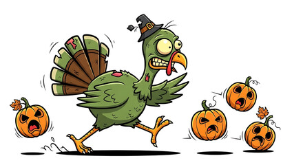 Cartoon turkey wearing a pilgrim hat running from angry pumpkins on a black isolated background