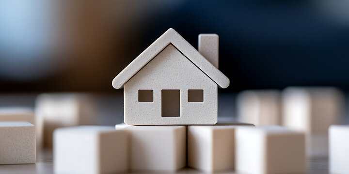 Conceptual shot of a miniature house model atop several plain blocks. The model's minimalistic design and neutral palette evoke themes of stability and homeownership dreams.