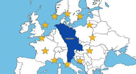 Obraz premium Map of Europe highlighting a specific region with surrounding countries and stars.