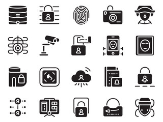 Collection of 20 digital security and privacy glyph style icons for various applications