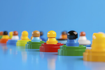 Colorful game pieces arranged in row on blue background, creating playful and vibrant atmosphere