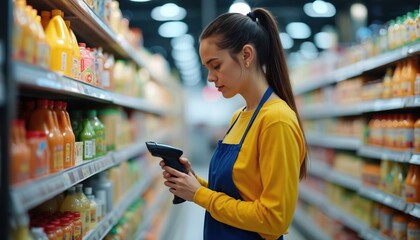 Young woman employee scans products on shelf in grocery store. Female worker checks inventory, counts items with handheld device. Busy retail worker organizes food supplies in supermarket aisle.