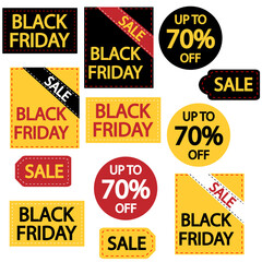 Bold Black Friday sale badges and labels in black, yellow, and red. Round, square, ticket and ribbon styles for web ads, social posts, and print. Editable vector shapes with PNGs.