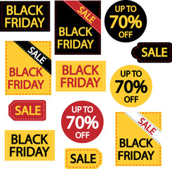 Bold Black Friday sale badges and labels in black, yellow, and red. Round, square, ticket and ribbon styles for web ads, social posts, and print. Editable vector shapes with PNGs.