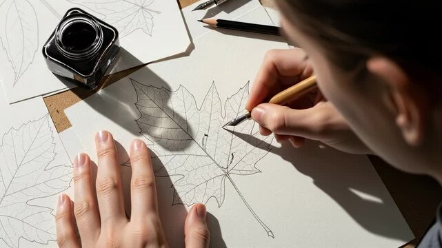 Artists Hands Drawing Botanical Sketch with Ink and Pencil.