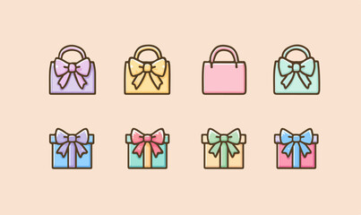 パステルカラーのギフトバッグとプレゼントボックスのベクターイラストセット