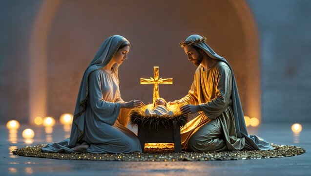 Escultura dorada de la Sagrada Familia con cruz iluminada y velas en fondo difuminado de inspiraci&oacute;n navide&ntilde;a