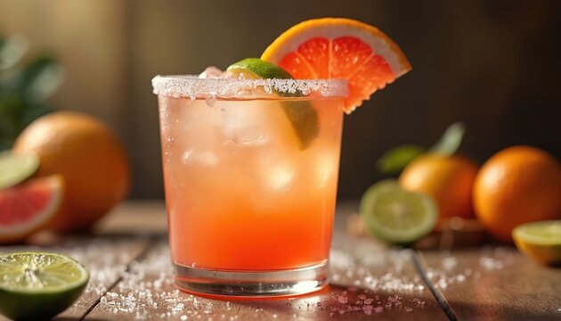 Vibrant Paloma cocktail with tequila lime and grapefruit soda sits on wooden table. Citrus slices garnish the drink. Warm lighting creates a refreshing cinematic mood for summer beverages.